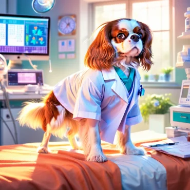 Cavalier King Charles Spaniel in doctor's attire standing on an examination table.