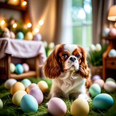 Cavalier King Charles Spaniel indoors surrounded by colorful Easter eggs.