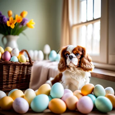 Cavalier King Charles Spaniel indoors with a basket of Easter eggs.