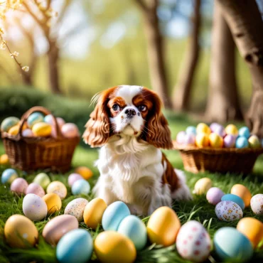 Cavalier King Charles Spaniel outdoors with Easter eggs and baskets.