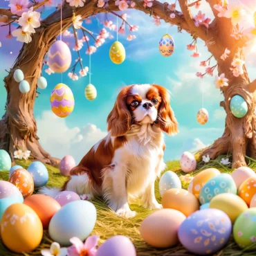 Cavalier King Charles Spaniel sitting among decorated Easter eggs under trees.