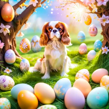 Cavalier King Charles Spaniel with Easter eggs in a colorful garden.