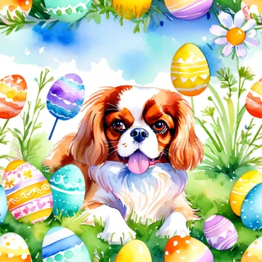 Watercolor of Cavalier King Charles Spaniel lying among decorated Easter eggs.