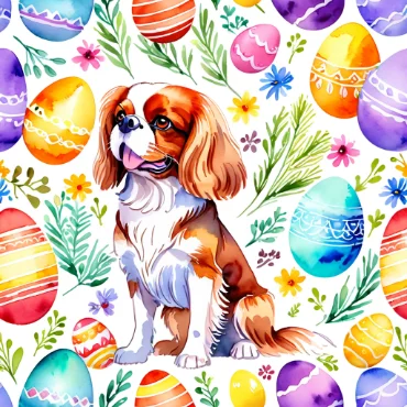 Watercolor of Cavalier King Charles Spaniel surrounded by vibrant Easter eggs.