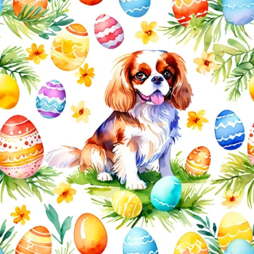 Watercolor of Cavalier King Charles Spaniel with bright Easter eggs and flowers.