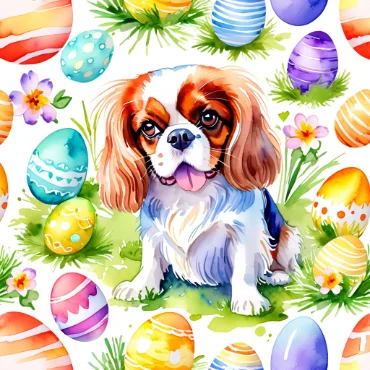 Watercolor of Cavalier King Charles Spaniel with decorated Easter eggs.