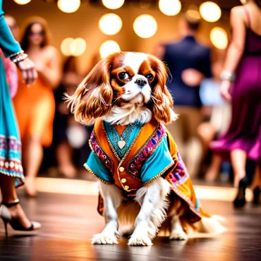 Cavalier King Charles Spaniel in a colorful outfit with a heart necklace on the runway.