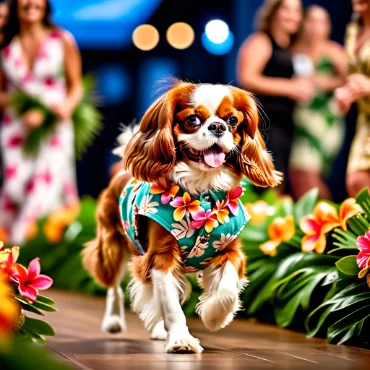 Cavalier King Charles Spaniel in a floral outfit on the runway with flower decorations.