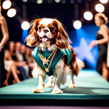 Cavalier King Charles Spaniel in a green outfit with star necklaces on the runway.