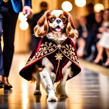 Cavalier King Charles Spaniel in a royal cape walking the runway.