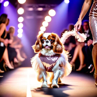 Cavalier King Charles Spaniel in a sequined outfit with stage lights.