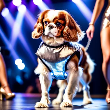 Cavalier King Charles Spaniel in a shiny outfit under stage lights.