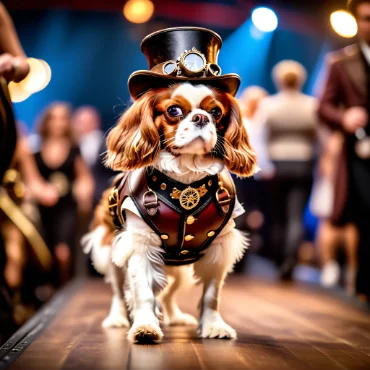 Cavalier King Charles Spaniel in a steampunk outfit with a top hat on the runway.