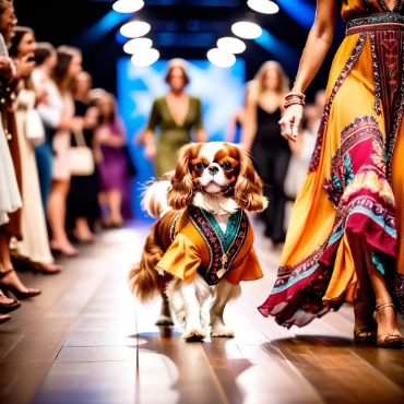 Cavalier King Charles Spaniel in a vibrant outfit with a star necklace on the runway.