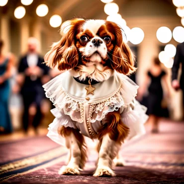 Cavalier King Charles Spaniel in a white frilled outfit with pearls on the runway.