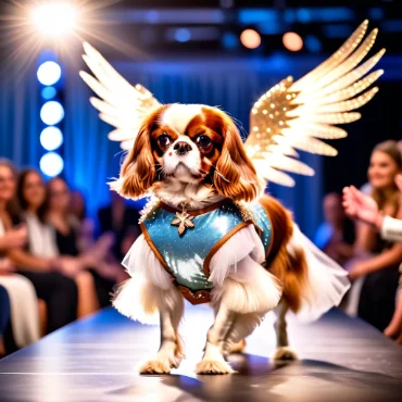 Cavalier King Charles Spaniel with wings and a blue outfit on the runway.