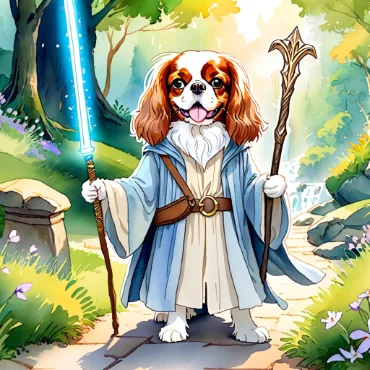 A Cavalier King Charles Spaniel dressed as Gandalf from Lord of The Rings, holding a staff in a paw, standing on a scenic woodland path.