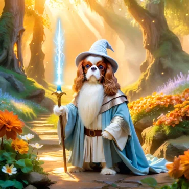 Cavalier King Charles Spaniel dressed as Gandalf holding a glowing staff in a mystical forest at sunrise.