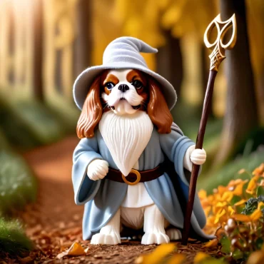 Cavalier King Charles Spaniel dressed as Gandalf holding a glowing staff in a mystical forest with a castle in the background.