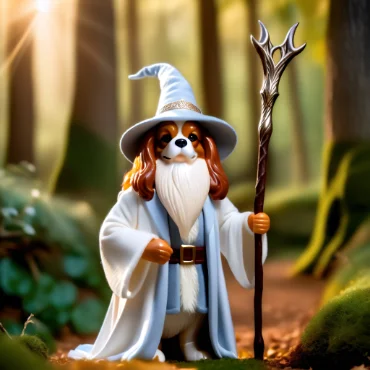 Cavalier King Charles Spaniel dressed as Gandalf holding a staff with a glowing blue crystal in a sunlit forest.