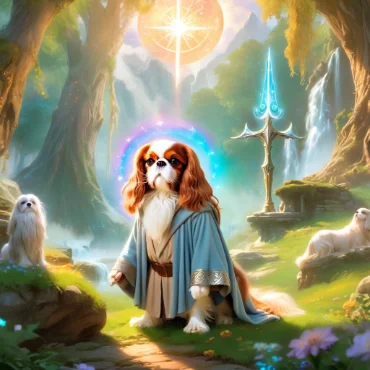 Cavalier King Charles Spaniel dressed as Gandalf holding a staff with a glowing crystal in a magical forest scene.