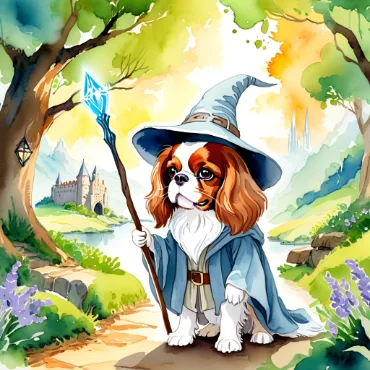 Cavalier King Charles Spaniel dressed as Gandalf holding a staff with glowing blue crystal in an enchanted forest path.