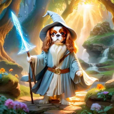 Cavalier King Charles Spaniel dressed as Gandalf in a wizard hat and robes holding a staff in a magical woodland setting.