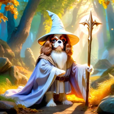 Cavalier King Charles Spaniel dressed as Gandalf in wizard robes holding a staff with a glowing orb in an enchanted forest.