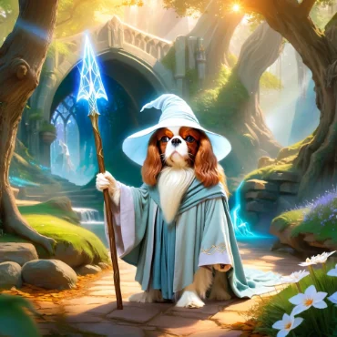 Cavalier King Charles Spaniel dressed as Gandalf surrounded by glowing magical elements in a mystical forest.