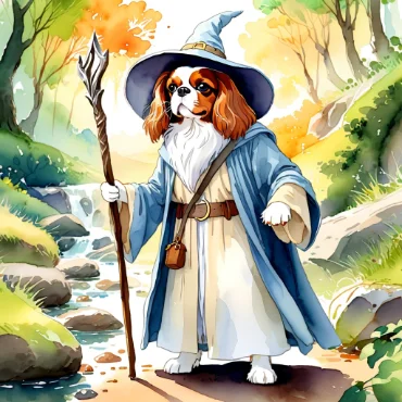 Cavalier King Charles Spaniel dressed as Gandalf with a long beard and hat standing by a stream.