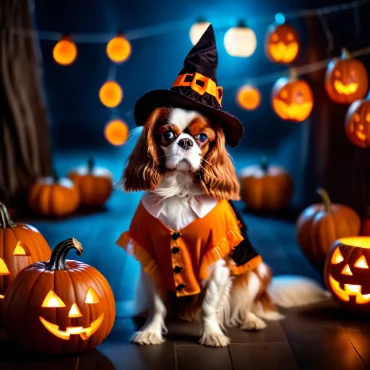 Cavalier King Charles Spaniel dressed as a witch with jack-o'-lanterns and Halloween lights.