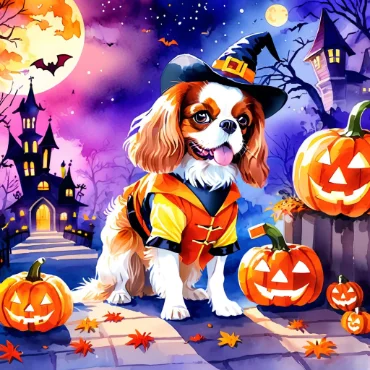 Cavalier King Charles Spaniel dressed as a witch with pumpkins and a haunted house in the background.