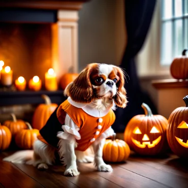 Cavalier King Charles Spaniel dressed for Halloween with a full moon and bats in the background.