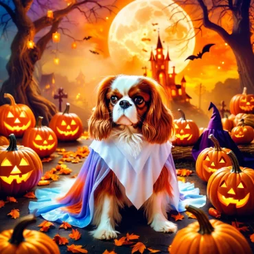 Cavalier King Charles Spaniel in a Halloween costume with pumpkins and a spooky background.