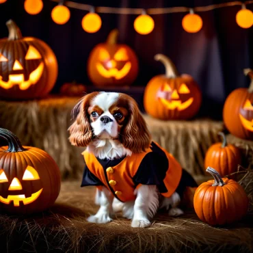 Cavalier King Charles Spaniel in a Halloween costume with pumpkins and candles in the background.