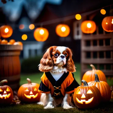 Cavalier King Charles Spaniel in a Halloween outfit with a pumpkin-filled background.