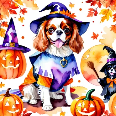 Cavalier King Charles Spaniel in a purple witch outfit surrounded by Halloween decorations.