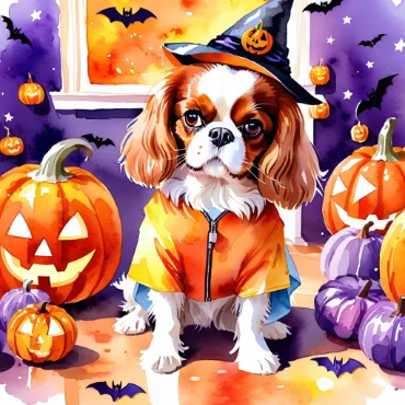 Cavalier King Charles Spaniel in a witch hat with pumpkins and Halloween bats in the background.