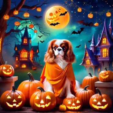 Cavalier King Charles Spaniel in an orange Halloween outfit surrounded by carved pumpkins.