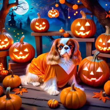 Cavalier King Charles Spaniel surrounded by pumpkins and Halloween decorations.