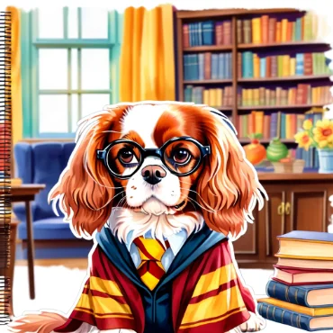 Cavalier King Charles Spaniel dressed as Harry Potter with glasses in a library setting.