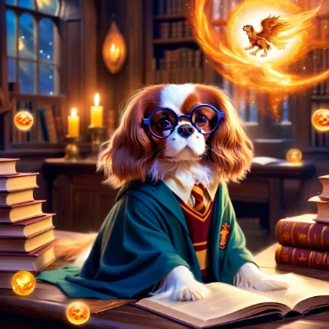 Cavalier King Charles Spaniel dressed as Harry Potter with floating magical objects.