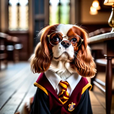 Cavalier King Charles Spaniel dressed in Harry Potter robes sitting in a magical study.