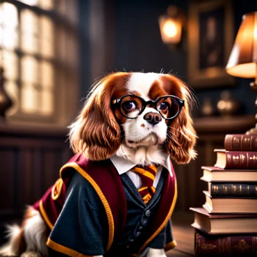 Cavalier King Charles Spaniel in Harry Potter attire with a stack of books in a library.