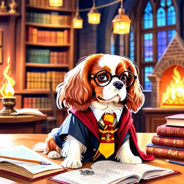 Cavalier King Charles Spaniel in Harry Potter outfit studying in a magical library.