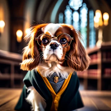 Cavalier King Charles Spaniel in Harry Potter robes with a magical glowing object.