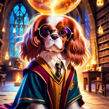 Cavalier King Charles Spaniel in a Hogwarts setting wearing Harry Potter robes and glasses.