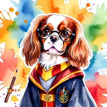 Cavalier King Charles Spaniel wearing Harry Potter robes and glasses with a colorful background.