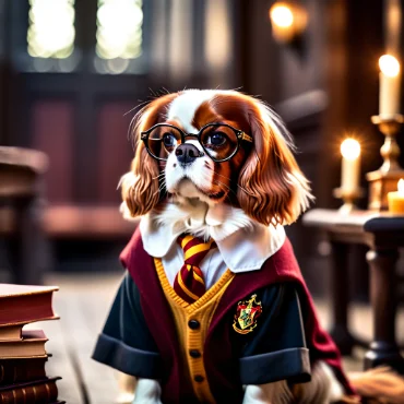 Cavalier King Charles Spaniel wearing Harry Potter uniform in a candle-lit room.