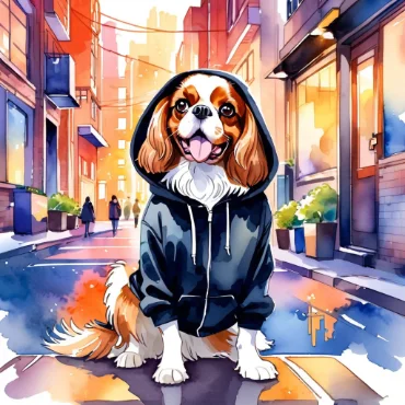 Cavalier King Charles Spaniel in a black hoodie sitting on a city street at sunset.